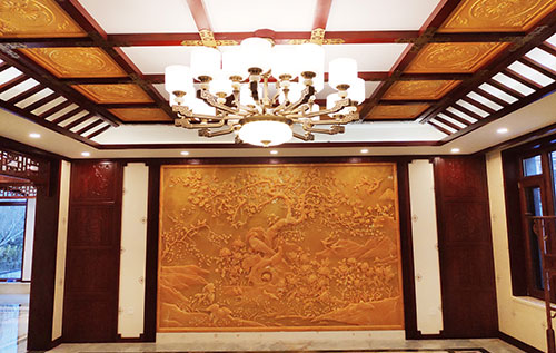 东郊镇中式别墅客厅中式木作横梁吊顶装饰展示